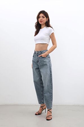 Kadın Yüksek Bel Skater Fit Jean Pantolon Buz Mavisi