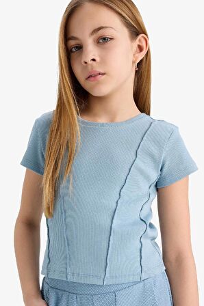 DeFacto Kız Çocuk Slim Fit Dar Kesim Bisiklet Yaka Basic Düz Ribana Kısa Kollu Tişört C0104A825SMBE760