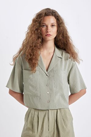 DeFacto Oversize Geniş Kalıp Pijama Yaka Modal Kısa Kollu Gömlek X7255AZ24HSGN497