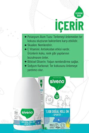 Siveno %100 Doğal Roll-On Sportif Sporcu Deodorant Ter Kokusu Önleyici Bitkisel Lekesiz 50 ml X2 Adet