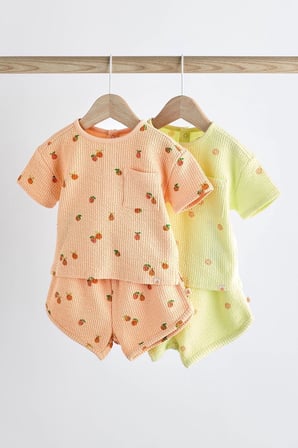Next Baby % 100 Pamuklu Fluro Yeşil Turuncu Çilek Desenli Kısa Kollu Şortlu 2’li Alt Üst Takım