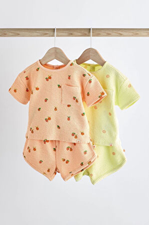 Next Baby % 100 Pamuklu Fluro Yeşil Turuncu Çilek Desenli Kısa Kollu Şortlu 2’li Alt Üst Takım