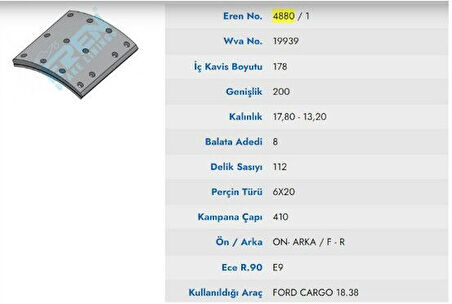 KAMPANA BALATA YENI MODEL FORD CARGO 18.38 ORGANIC 19939