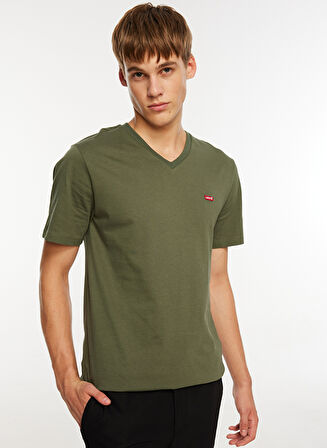V Yaka Yeşil Erkek T-Shirt