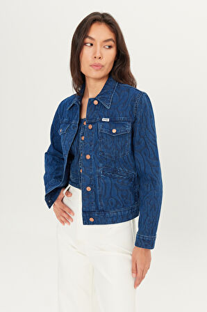 %100 Pamuk Regular Fit Normal Kesim Desenli Mavi Denim Jean Ceket