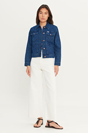 %100 Pamuk Regular Fit Normal Kesim Desenli Mavi Denim Jean Ceket