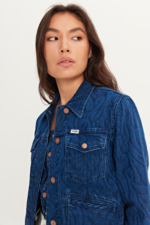 %100 Pamuk Regular Fit Normal Kesim Desenli Mavi Denim Jean Ceket
