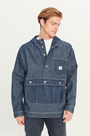 %100 Pamuk Relaxed Fit Geniş Kesim Kapüşonlu Koyu Mavi Denim Jean Ceket