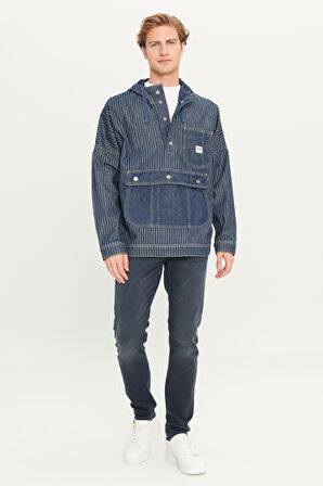 %100 Pamuk Relaxed Fit Geniş Kesim Kapüşonlu Koyu Mavi Denim Jean Ceket