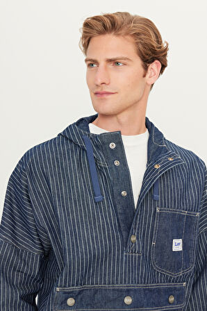 %100 Pamuk Relaxed Fit Geniş Kesim Kapüşonlu Koyu Mavi Denim Jean Ceket