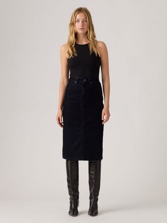 KADIN ARKA YIRTMAÇLI KADİFE DENIM SİYAH UZUN ETEK 001VH-0016