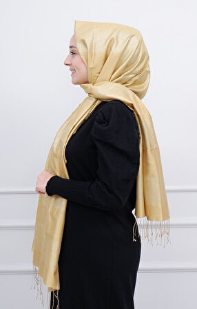 Simli Blok İpek Şal 04088 Gold