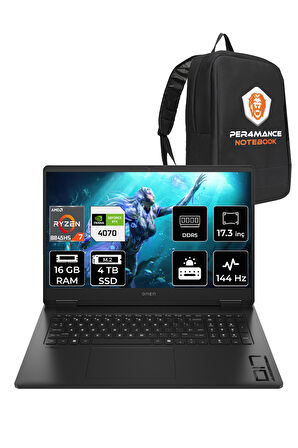 HP OMEN 17 R7 8845HS 16GB RAM 4TB SSD RTX4070/8GB 144Hz 17.3'' FHD FDOS Gaming Laptop & PER4 ÇANTA