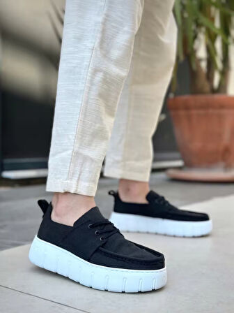 BA0676 BOA Siyah Keten Yüksek Beyaz Taban Erkek Yazlık Ayakkabı