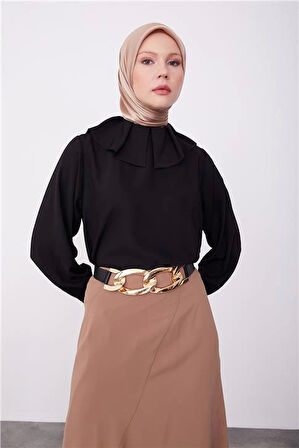 Armine Yakası Pileli Ve Allerli Bluz 23K3416 Siyah