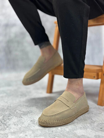 BA0359 BOA Doğal Deri Tozu Bağcıksız Kauçuk El Yapımı Espadril Taban Krem Renk Erkek Ayakkabı