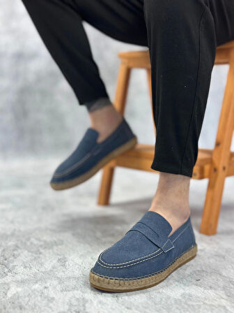 BA0358 BOA Doğal Deri Tozu Bağcıklı Kauçuk El Yapımı Espadril Taban Mavi Renk Erkek Ayakkabı