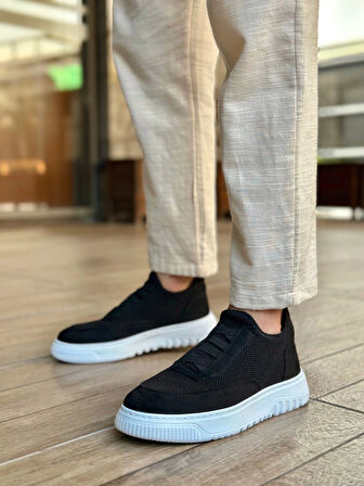 BA0911 Özel Örme Triko Deri Tozu Detaylı Siyah Günlük Spor Ayakkabı