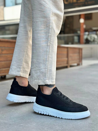 BA0911 Özel Örme Triko Deri Tozu Detaylı Siyah Günlük Spor Ayakkabı