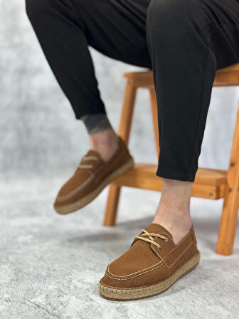 BA0358 BOA Doğal Deri Tozu Bağcıklı Kauçuk El Yapımı Espadril Taban Taba Renk Erkek Ayakkabı