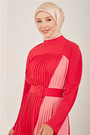 Armine İki Renkli Pliseli Elbise 23Y9675 Kiraz