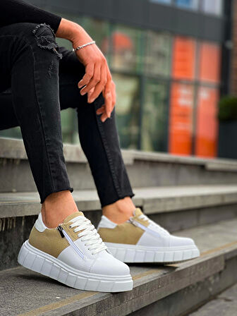 KB-X155 Kuback Beyaz Cilt Bej Süet Detaylı Beyaz Yüksek Taban Günlük Spor Ayakkabı