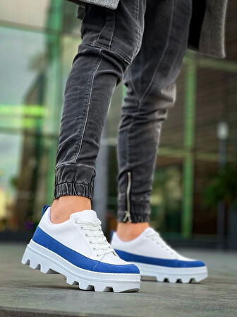 KB-056 Kuback Beyaz Mavi Detaylı Beyaz Yüksek Taban Günlük Spor Ayakkabı