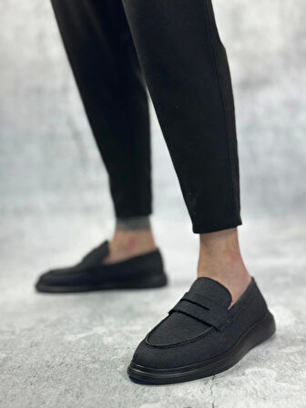 BA0355 Bağcıksız Keten Siyah Taban Klasik Corcik Erkek Ayakkabı