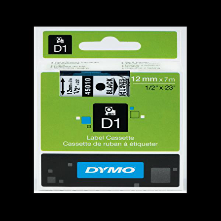 Dymo D1 Şerit Standart 12 MMx7 MT Şeffaf Üzerine Siyah 45010 S0720500