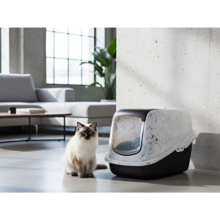 Savic Nestor Mermer | Şık Kedi Kum Kabı – Mermer Gri Beyaz