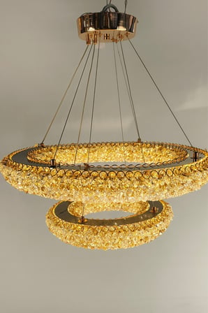 Çift Katlı Amber Kristal Taşlı Modern LED Halka Avize 