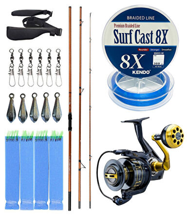 YekOutdoor Profesyonel Olta Seti Okuma Trio Rex Surf 420cm 120-250 gr 3 Parça Surf Kamışı&Okuma Salina SA-8000A Blue 6+1BB Olta Makinesi