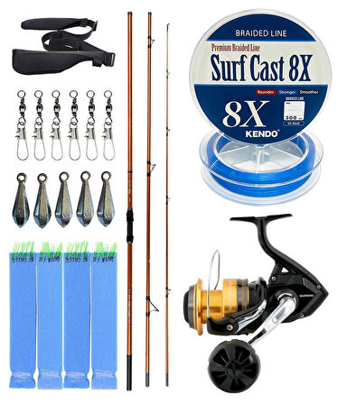 YekOutdoor Profesyonel Olta Seti Okuma Trio Rex Surf 420cm 120-250 gr 3 Parça Surf Kamışı&Shimano Makina Socorro 6000 SW
