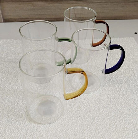 Cam bu Borosilikat Renkli Kulplu Kupa 350 ml 4 Adet
