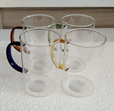 Cam bu Borosilikat Renkli Kulplu Kupa 350 ml 4 Adet