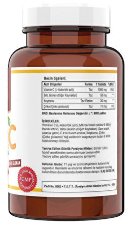 C Vitamini 1000 mg  Beta Glucan Zinc Rose Hips 120 Tablet