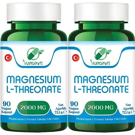 Yurdavit Magnesium L-Threonate 2000 mg 2 x 90 Vegan Kapsül Magnezyum 159 mg Magnezyum L-Treonat