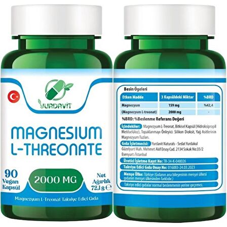 Yurdavit Magnesium L-Threonate 2000 mg 2 x 90 Vegan Kapsül Magnezyum 159 mg Magnezyum L-Treonat