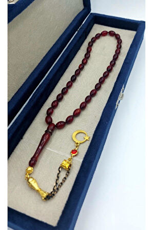 Kırmızı Siyah Arpa Kesim Alpaka Püskül Kehribar Tespih (AHŞAP KUTULU)