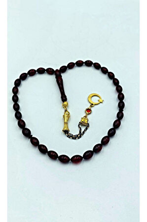 Kırmızı Siyah Arpa Kesim Alpaka Püskül Kehribar Tespih (AHŞAP KUTULU)