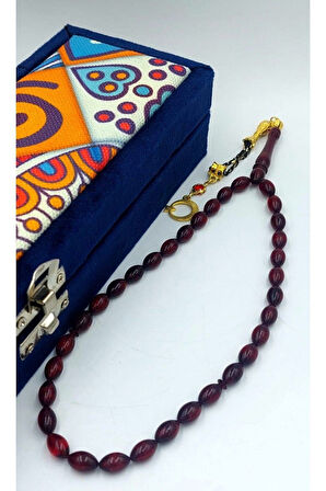 Kırmızı Siyah Arpa Kesim Alpaka Püskül Kehribar Tespih (AHŞAP KUTULU)