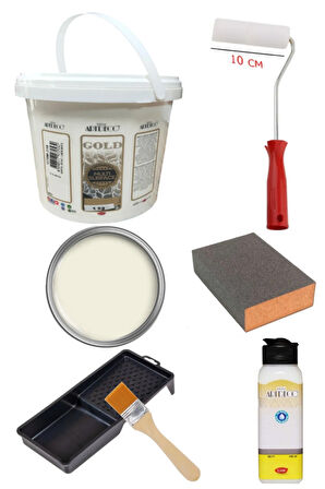 Artdeco Multi Surface Akrilik Boya 1 KG Dantel Beyaz Rulo ve Tavalı Rulo Mat Vernik 140 ml Set