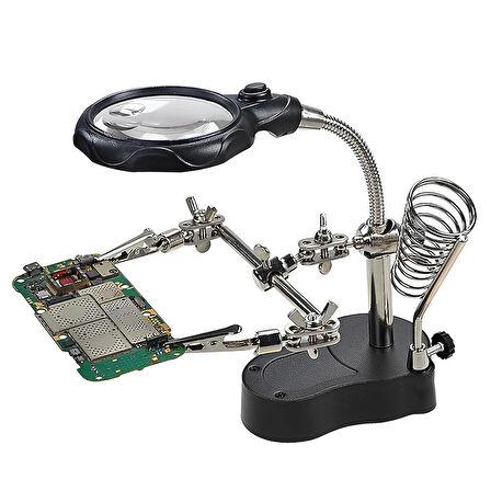 MG-16126 Büyüteçli Lehimleme Standı – LED Işıklı, 3.5x ve 12X Mercek, Ayarlanabilir Kelepçeli
