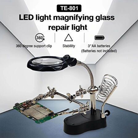 MG-16126 Büyüteçli Lehimleme Standı – LED Işıklı, 3.5x ve 12X Mercek, Ayarlanabilir Kelepçeli