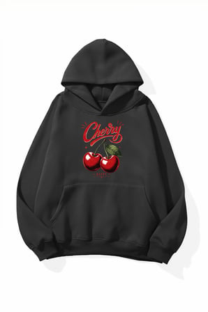 Unisex Yumuşak Dokulu Retro Cherry Baskılı Tasarım Oversize 3 İplik Hoodie Sweatshirt