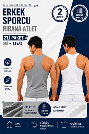 Erkek Sporcu Ribana Atlet 2’li Paket(Seher Yetkili Satıcısı) - Beyaz(%100 Pamuk) Gri(%40 pamuk %60 Polyester)