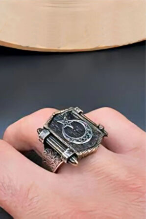 Ay Yıldız Kabartmalı Erkek Gümüş Yüzük - 925 Ayar Faturalı Damgalı Sertifikalı Gümüş