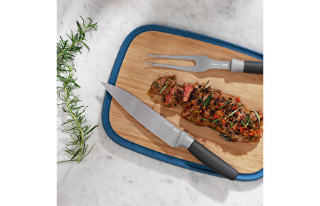 Berghoff Leo 18/10 Paslanmaz Çelik Bambu Kesme Tahtası ve 2 Parça Bıçak ve Servis Çatalı Seti