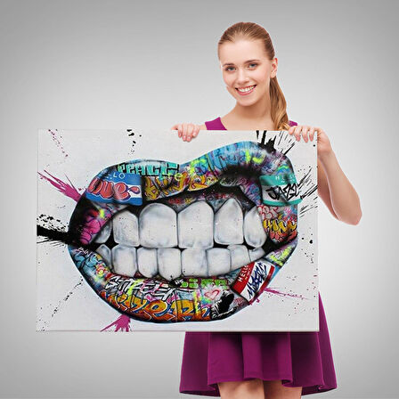 Renkli Dudak Graffiti Kanvas Tablo, Banksy Sokak Sanatı-5413