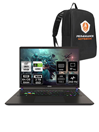 MSI Vector 17 HX A14VFG8 i9-14900HX 64GB 2TB SSD RTX4080/12GB 175W 17" QHD+ FDOS & PER4 ÇANTA